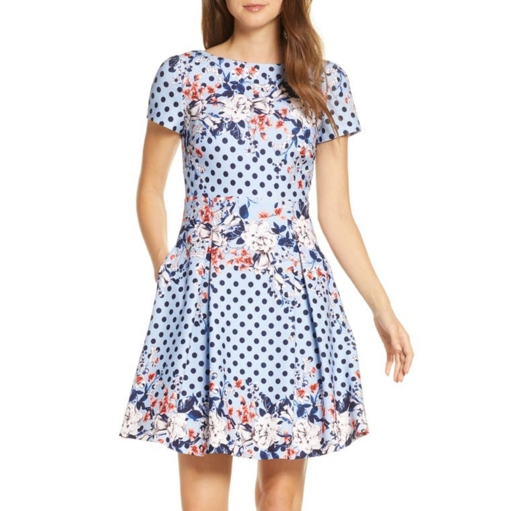 Floral Dot Scuba Crepe Fit & Flare Dress